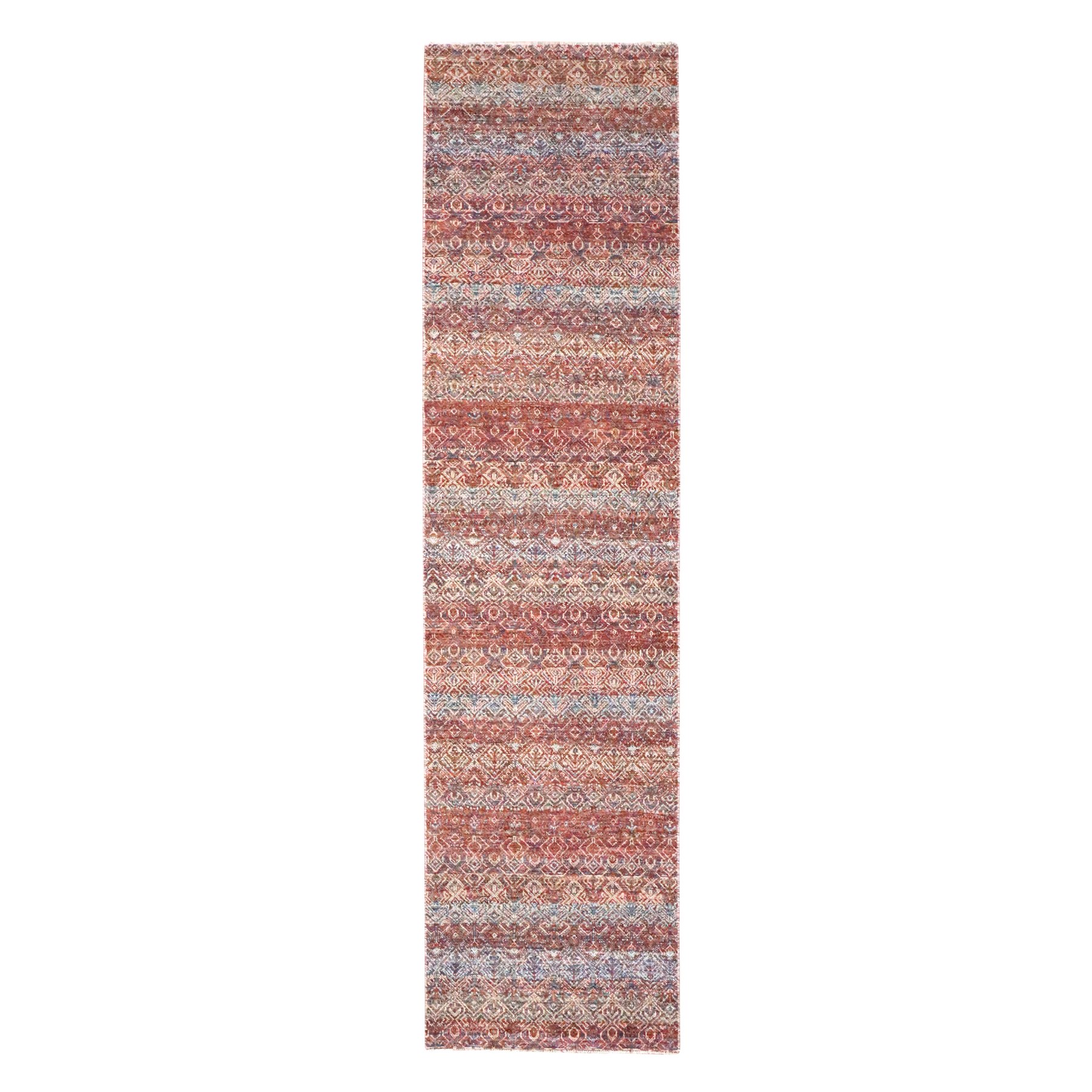 2'6"x10'2" Chili Red, Kohinoor Herat with Small Geometric Repetitive Diamond Pattern, Tone on Tone, Soft and Shiny Wool, Hand Knotted, Runner, Oriental Rug 
